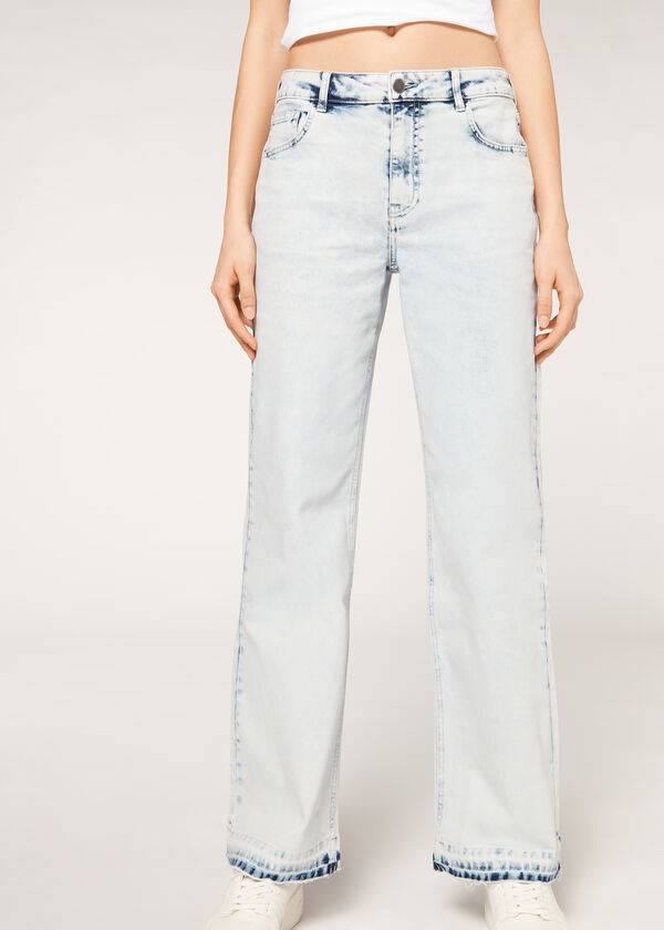 blue womens calzedonia wide-leg frayed jeans