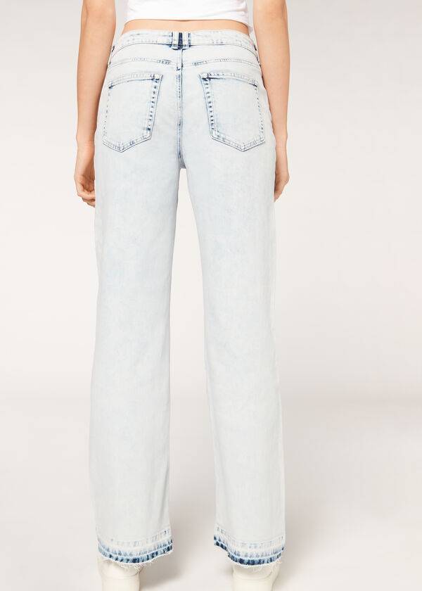 blue womens calzedonia wide-leg frayed jeans