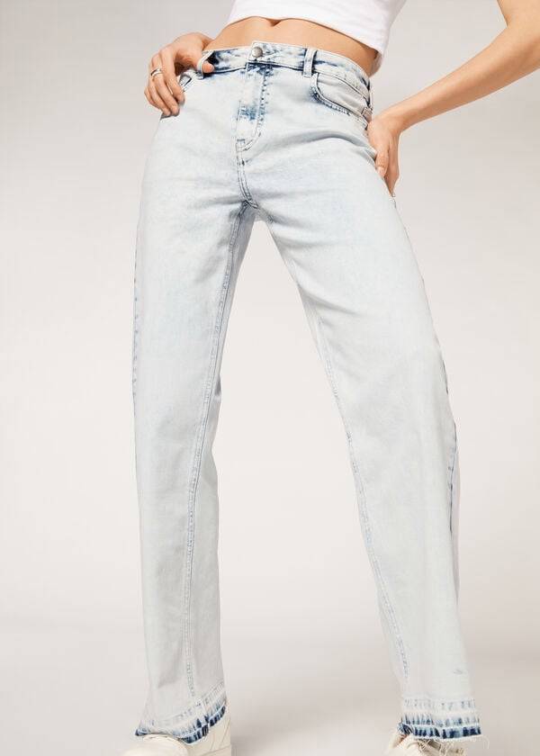 blue womens calzedonia wide-leg frayed jeans