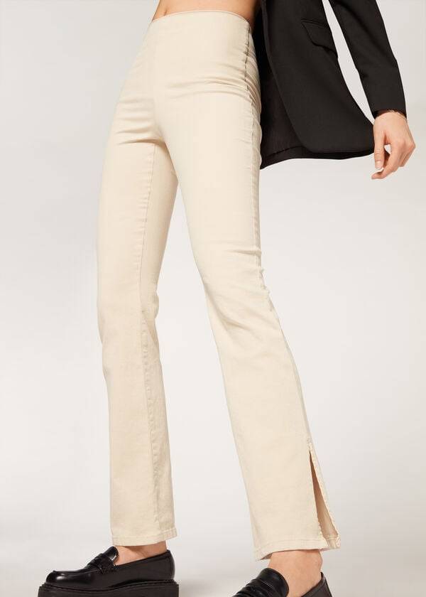 brown beige calzedonia high-waist flared in denim with slits womens pants