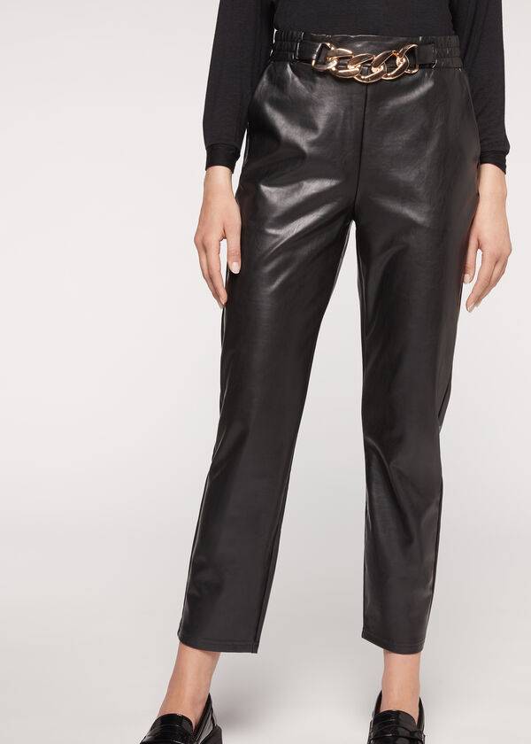 black womens calzedonia thermal coated effect with chain trim pants