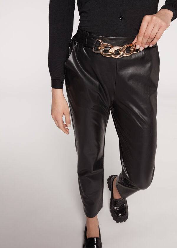 black womens calzedonia thermal coated effect with chain trim pants