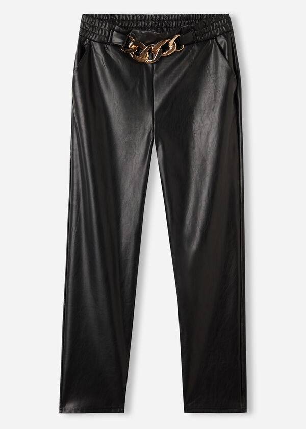 black womens calzedonia thermal coated effect with chain trim pants