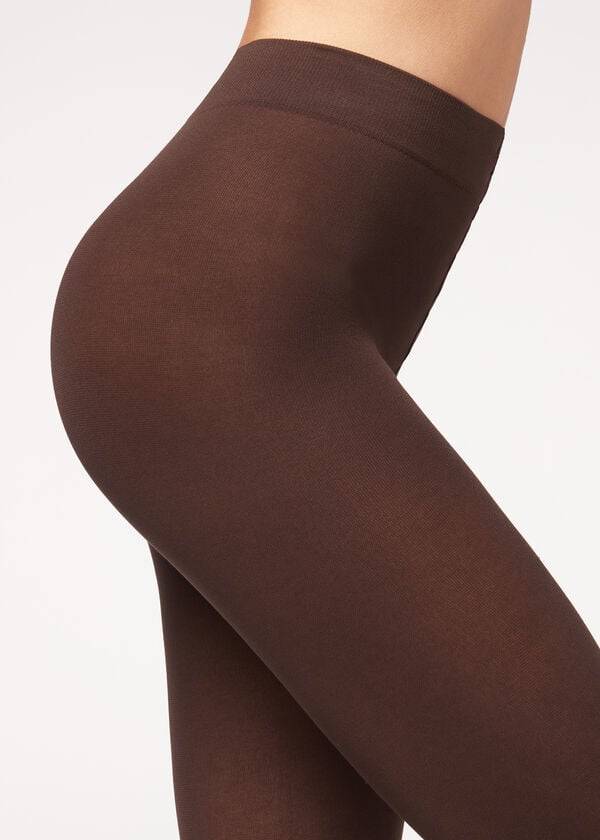 womens calzedonia opaque 100 denier cotton and microfiber tight coffee