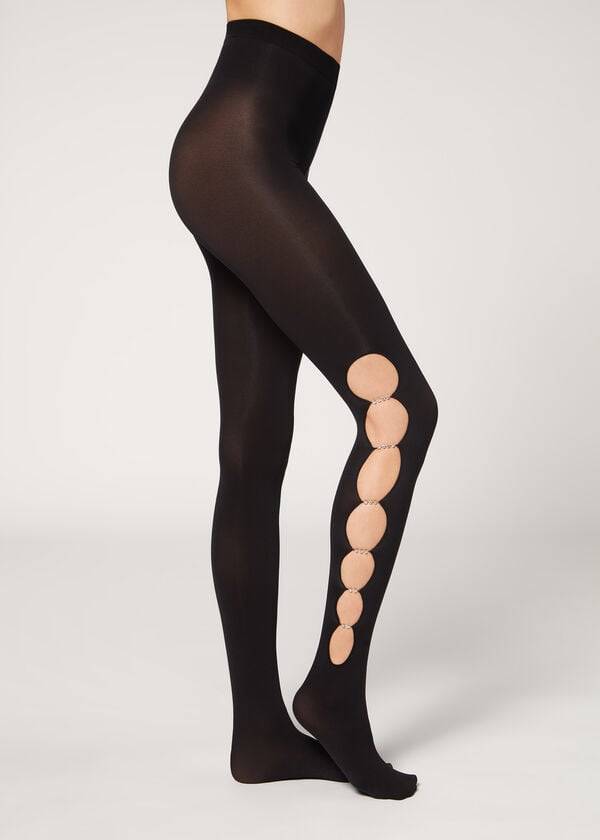 black womens calzedonia rhinestone cut out 100 denier opaque eco patterned tight