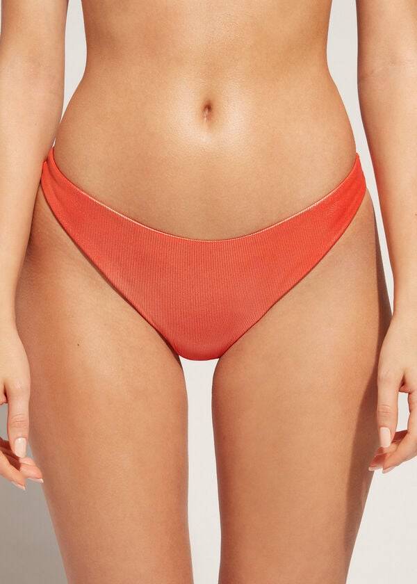 coral orange calzedonia coated-effect high-cut brazilian antigua womens bikini bottoms