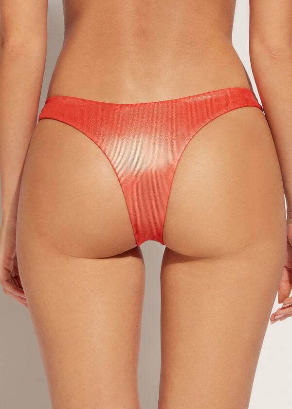 coral orange calzedonia coated-effect high-cut brazilian antigua womens bikini bottoms