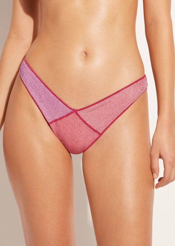 womens calzedonia high cut brazilian lamé lisbona bikini bottoms pink