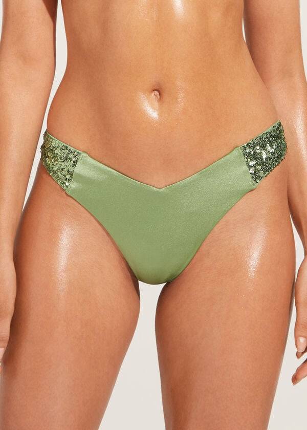 green womens calzedonia sequined high-cut brazilian cannes bikini bottoms