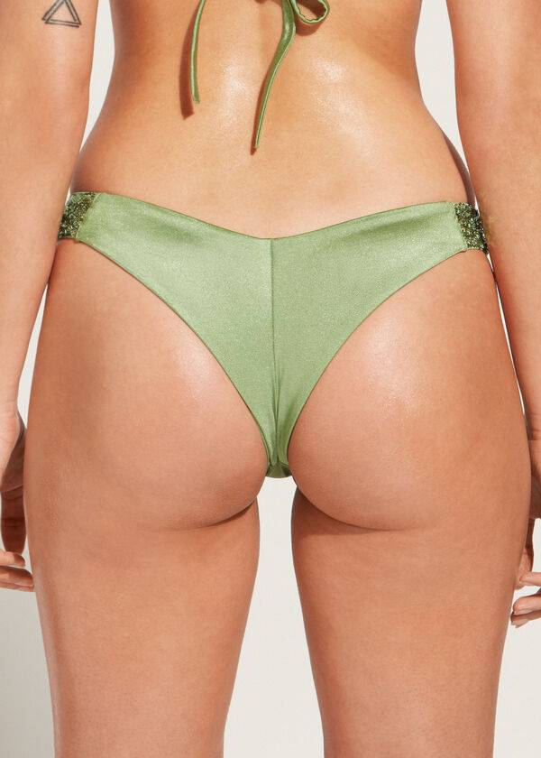 green womens calzedonia sequined high-cut brazilian cannes bikini bottoms