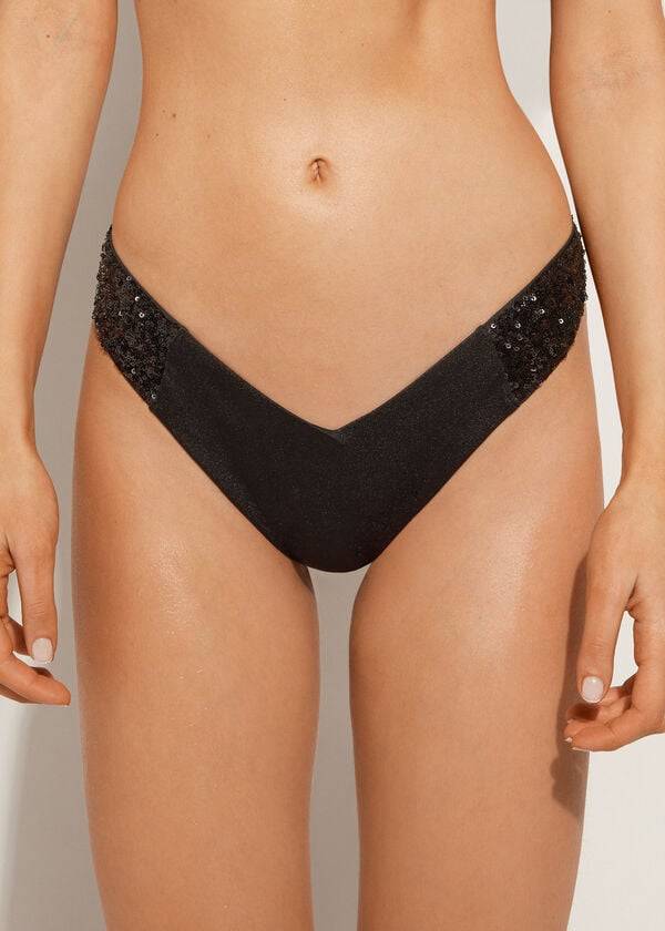 womens calzedonia sequined high-cut brazilian cannes cheeky bikini bottoms black