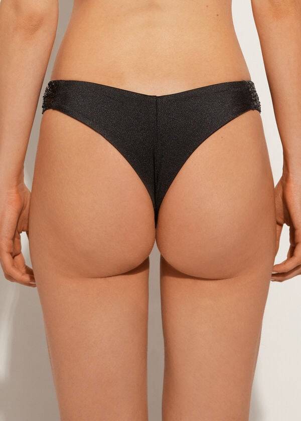 womens calzedonia sequined high-cut brazilian cannes cheeky bikini bottoms black