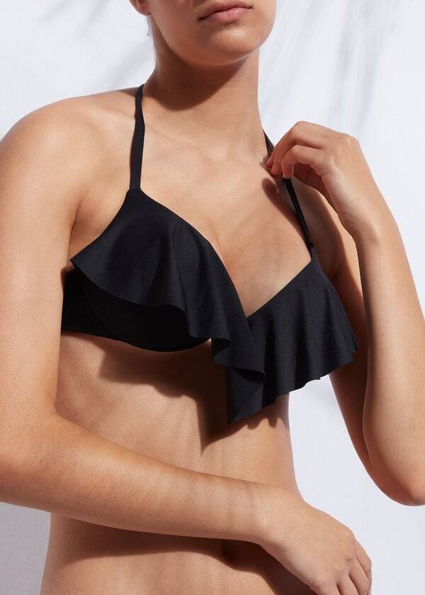 black womens calzedonia indonesia ultra push up ruffle bikini tops